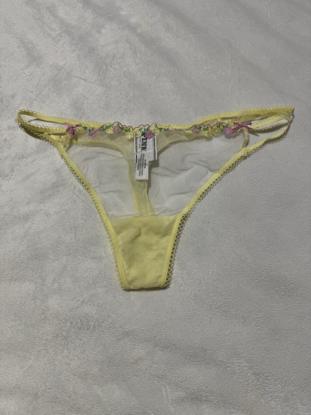 Victoria’s Secret PINK Yellow Mesh Thong Panty Floral Embroidery Strappy Medium
